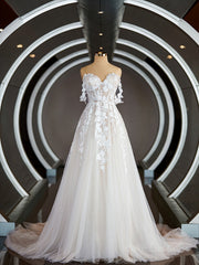 Wedding Dresses Flower, A-Line/Princess Off-the-Shoulder Chapel Train Tulle Wedding Dresses with Appliques Lace