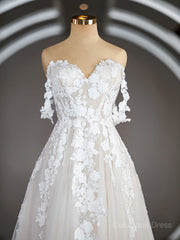 Wedding Dresses Flowers, A-Line/Princess Off-the-Shoulder Chapel Train Tulle Wedding Dresses with Appliques Lace