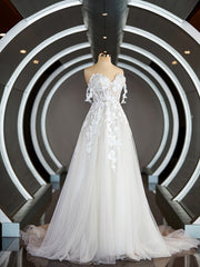 Wedding Dress Ideas, A-Line/Princess Off-the-Shoulder Chapel Train Tulle Wedding Dresses with Appliques Lace