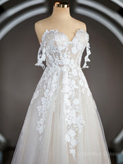 Wedding Dresses Lace, A-Line/Princess Off-the-Shoulder Chapel Train Tulle Wedding Dresses with Appliques Lace
