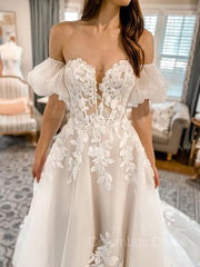 Wedding Dress Price, A-Line/Princess Off-the-Shoulder Chapel Train Tulle Wedding Dresses With Appliques Lace