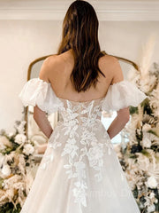 Wedding Dress Pricing, A-Line/Princess Off-the-Shoulder Chapel Train Tulle Wedding Dresses With Appliques Lace