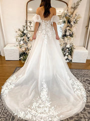 Wedding Dress Stores Near Me, A-Line/Princess Off-the-Shoulder Chapel Train Tulle Wedding Dresses With Appliques Lace
