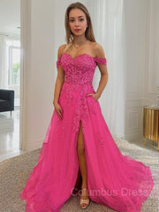 Formal Dresses For Sale, A-Line/Princess Off-the-Shoulder Court Train Tulle Prom Dresses With Leg Slit