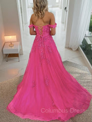 Formal Dresses Gown, A-Line/Princess Off-the-Shoulder Court Train Tulle Prom Dresses With Leg Slit