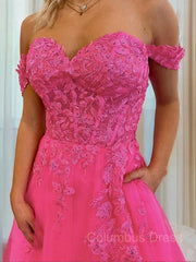 Formal Dress Gowns, A-Line/Princess Off-the-Shoulder Court Train Tulle Prom Dresses With Leg Slit