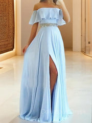 Prom Dress Green, A-Line/Princess Off-the-Shoulder Floor-Length Chiffon Evening Dresses With Leg Slit