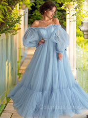 Party Dresses Long Dresses, A-Line/Princess Off-the-Shoulder Floor-Length Tulle Prom Dresses With Appliques Lace