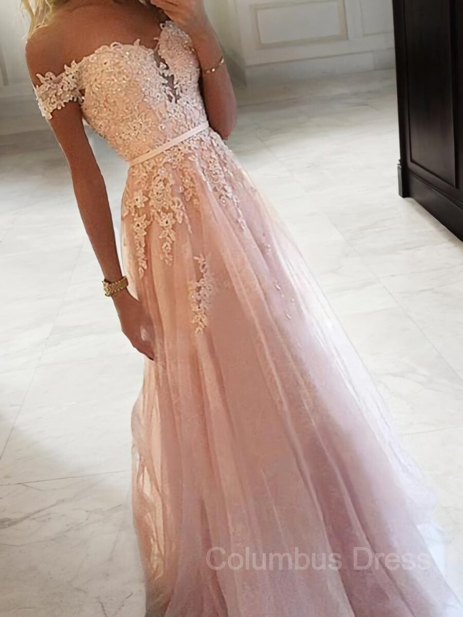 Bridesmaid Dress Trends, A-Line/Princess Off-the-Shoulder Floor-Length Tulle Prom Dresses With Appliques Lace