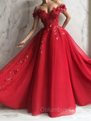 Maxi Dress, A-Line/Princess Off-the-Shoulder Floor-Length Tulle Prom Dresses With Appliques Lace