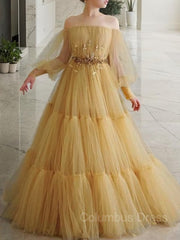 Formal Dresses And Gowns, A-Line/Princess Off-the-Shoulder Floor-Length Tulle Prom Dresses With Beading