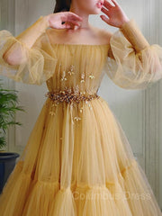 Formal Dress For Weddings, A-Line/Princess Off-the-Shoulder Floor-Length Tulle Prom Dresses With Beading