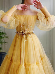 Formal Dresses For Wedding, A-Line/Princess Off-the-Shoulder Floor-Length Tulle Prom Dresses With Beading