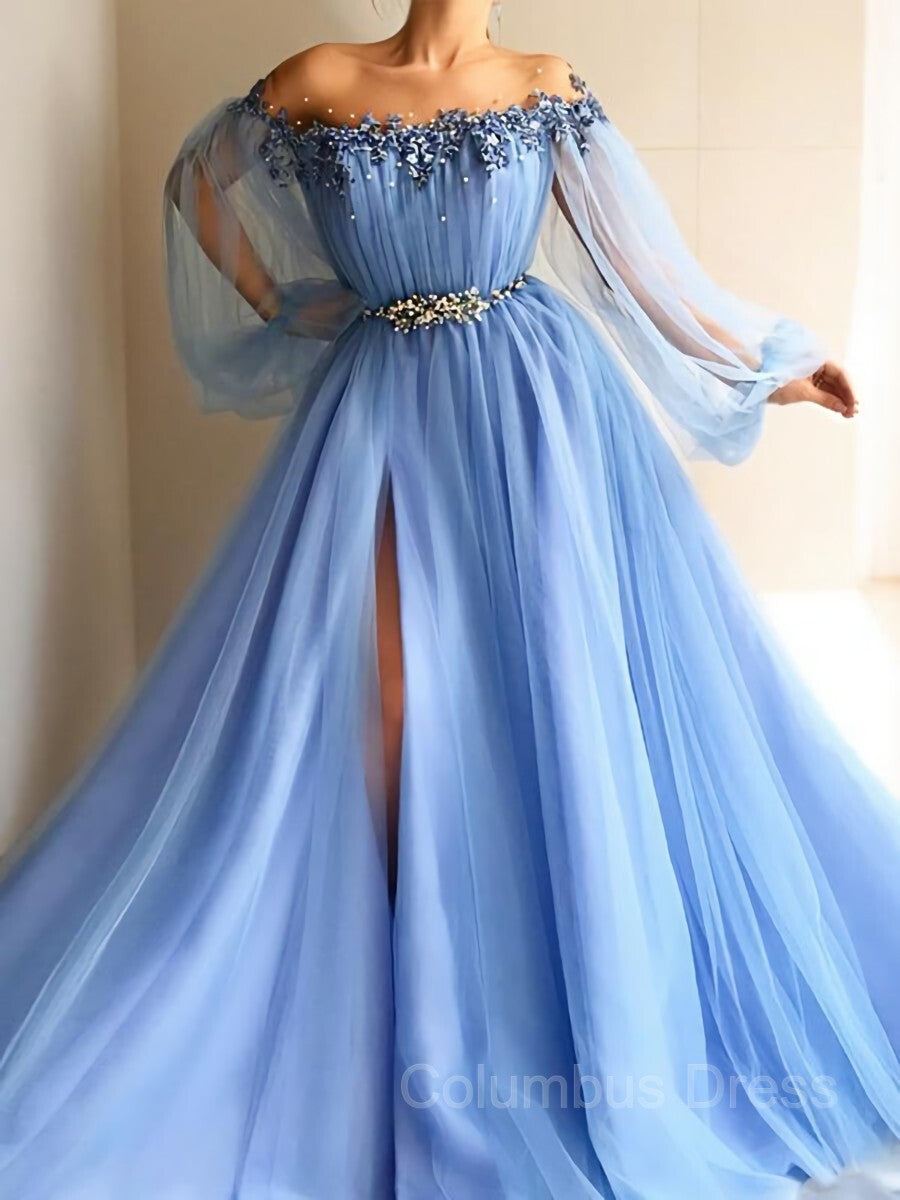 Prom Dress Sweetheart, A-Line/Princess Off-the-Shoulder Floor-Length Tulle Prom Dresses With Leg Slit