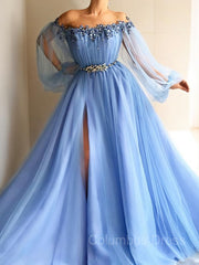 Prom Dress Sweetheart, A-Line/Princess Off-the-Shoulder Floor-Length Tulle Prom Dresses With Leg Slit