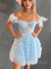 Club Outfit For Women, A-line/Princess Off-the-Shoulder Knee-Length Tulle Homecoming Dress with Cascading Ruffles