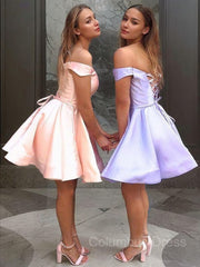 Homecoming Dresses Sparkle, A-Line/Princess Off-the-Shoulder Short/Mini Satin Homecoming Dresses With Ruffles