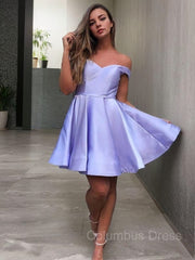 Homecoming Dress Sparkles, A-Line/Princess Off-the-Shoulder Short/Mini Satin Homecoming Dresses With Ruffles