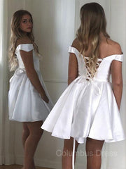 Homecoming Dress Sparkle, A-Line/Princess Off-the-Shoulder Short/Mini Satin Homecoming Dresses With Ruffles