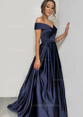 Prom Dresses Chiffon, A-line/Princess Off-the-Shoulder Sleeveless Sweep Train Satin Prom Dress With Pleated