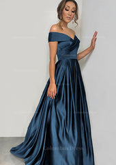 Prom Dresses Guide, A-line/Princess Off-the-Shoulder Sleeveless Sweep Train Satin Prom Dress With Pleated