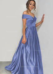 Prom Dress Guide, A-line/Princess Off-the-Shoulder Sleeveless Sweep Train Satin Prom Dress With Pleated
