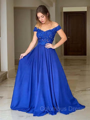 Party Dress Clubwear, A-Line/Princess Off-the-Shoulder Sweep Train Elastic Woven Satin Evening Dresses With Appliques Lace