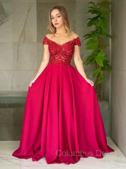 Party Dresses Indian, A-Line/Princess Off-the-Shoulder Sweep Train Elastic Woven Satin Evening Dresses With Appliques Lace
