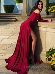 Formal Dresses Cocktail, A-Line/Princess Off-the-Shoulder Sweep Train Jersey Prom Dresses With Leg Slit