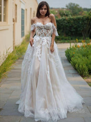 Wedding Dresses 2029 Trends, A-Line/Princess Off-the-Shoulder Sweep Train Lace Wedding Dresses
