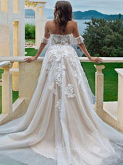 Wedding Dress With Lace, A-Line/Princess Off-the-Shoulder Sweep Train Lace Wedding Dresses