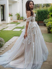 Wedding Dress With Lacing, A-Line/Princess Off-the-Shoulder Sweep Train Lace Wedding Dresses
