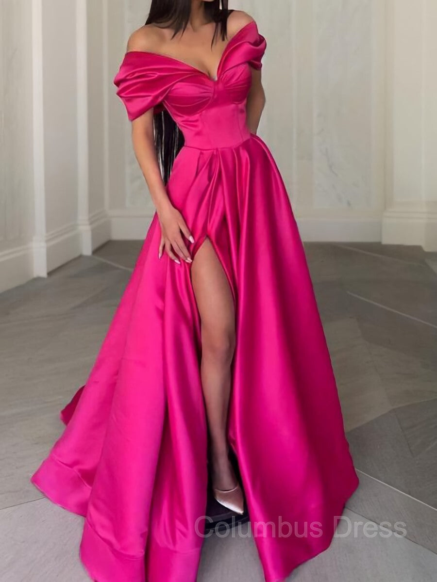 Party Dress India, A-Line/Princess Off-the-Shoulder Sweep Train Satin Evening Dresses With Leg Slit