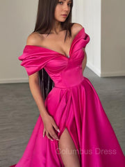 Party Dresses Clubwear, A-Line/Princess Off-the-Shoulder Sweep Train Satin Evening Dresses With Leg Slit