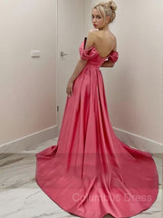 Party Dresses For Short Ladies, A-Line/Princess Off-the-Shoulder Sweep Train Satin Evening Dresses With Leg Slit