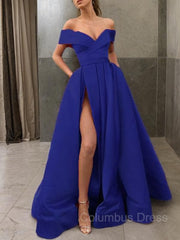 Homecoming Dresses Long, A-Line/Princess Off-the-Shoulder Sweep Train Satin Prom Dresses With Leg Slit