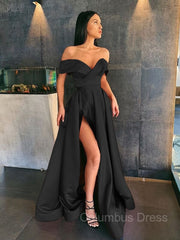 Homecoming Dress Short, A-Line/Princess Off-the-Shoulder Sweep Train Satin Prom Dresses With Leg Slit
