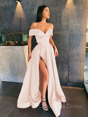 Homecoming Dresses Short, A-Line/Princess Off-the-Shoulder Sweep Train Satin Prom Dresses With Leg Slit