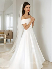 Wedding Dress Budget, A-Line/Princess Off-the-Shoulder Sweep Train Satin Wedding Dresses