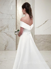 Wedding Dresses Budget, A-Line/Princess Off-the-Shoulder Sweep Train Satin Wedding Dresses