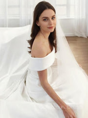 Wedding Dresses Long Sleev, A-Line/Princess Off-the-Shoulder Sweep Train Satin Wedding Dresses