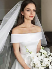 Wedding Dressed Long Sleeve, A-Line/Princess Off-the-Shoulder Sweep Train Satin Wedding Dresses