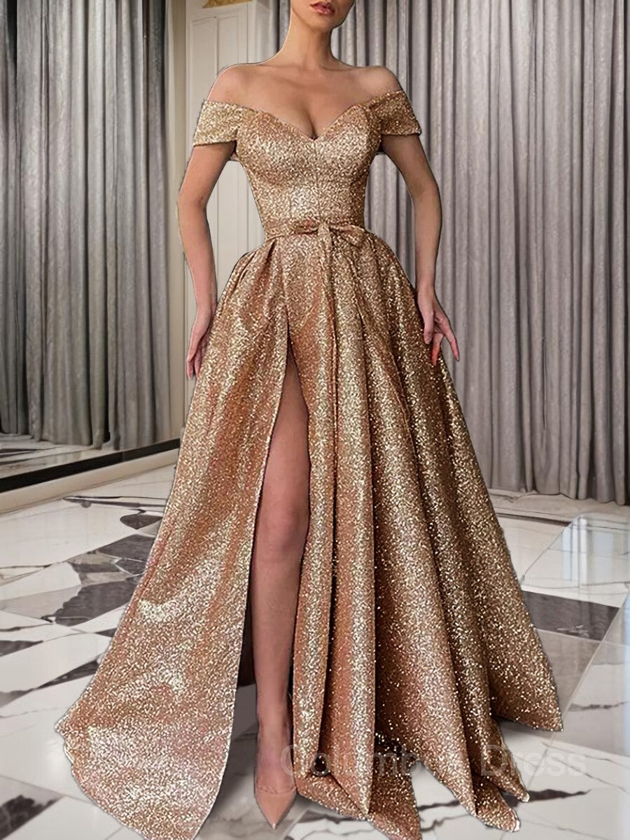 Prom Dresses Gold, A-Line/Princess Off-the-Shoulder Sweep Train Sequins Prom Dresses With Leg Slit