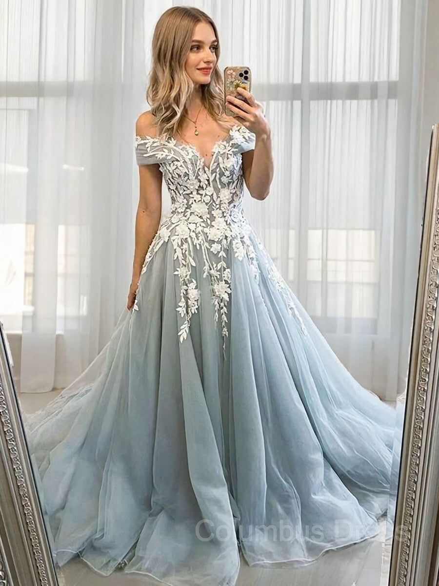 Prom Dress Long Sleeve Ball Gown, A-Line/Princess Off-the-Shoulder Sweep Train Tulle Prom Dresses With Appliques Lace