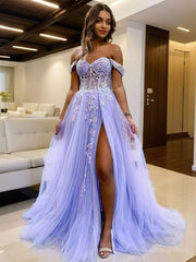 Homecoming Dress, A-Line/Princess Off-the-Shoulder Sweep Train Tulle Prom Dresses With Leg Slit
