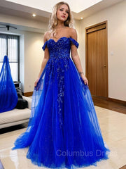 Wedding Guest Outfit, A-Line/Princess Off-the-Shoulder Sweep Train Tulle Prom Dresses With Leg Slit