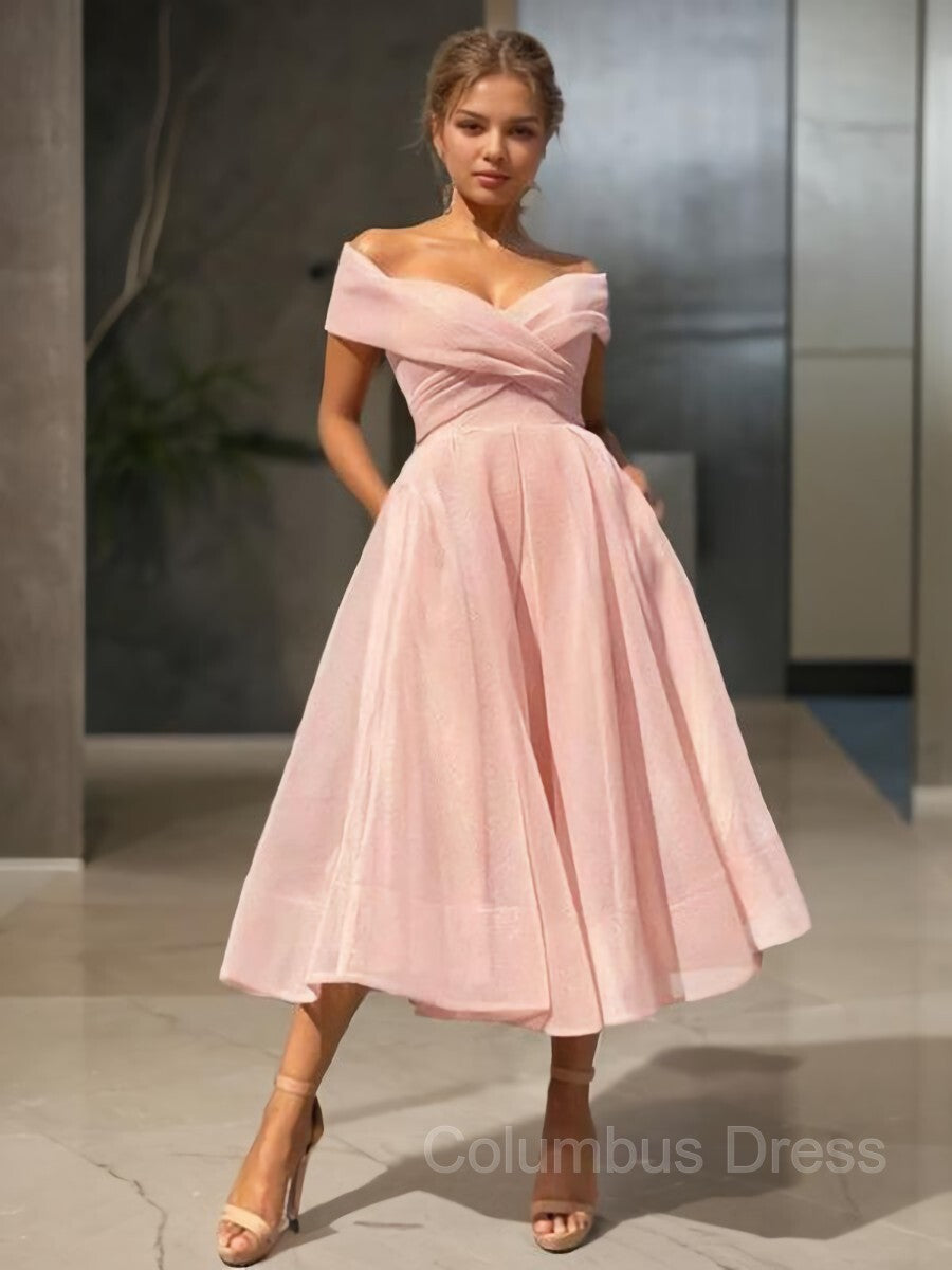 Bridesmaids Dresses Idea, A-Line/Princess Off-the-Shoulder Tea-Length Homecoming Dresses