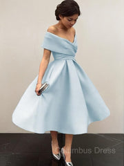 Prom Dresses Long Sleeve, A-Line/Princess Off-the-Shoulder Tea-Length Satin Homecoming Dresses With Ruffles