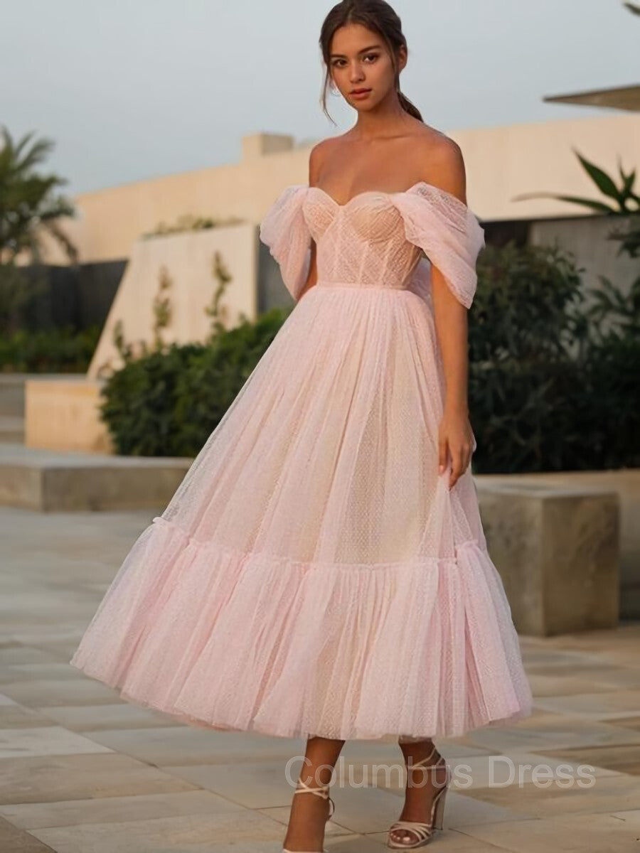 Bridesmaid Dress Colours, A-Line/Princess Off-the-Shoulder Tea-Length Tulle Homecoming Dresses With Ruffles