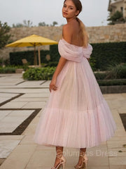 Bridesmaids Dresses Fall, A-Line/Princess Off-the-Shoulder Tea-Length Tulle Homecoming Dresses With Ruffles